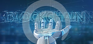 Cyborg hand holding a Blockchain title 3d rendering