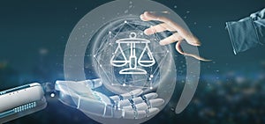 Cyborg hand holding Cloud of justice and law icon bubble with data 3d rendering