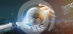 Cyborg hand holding a Earth globle particles 3d rendering