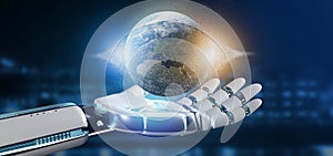 Cyborg hand holding a Earth globle particles 3d rendering