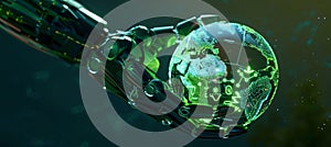 Cyborg hand holding planet earth. Artificial intelligence concept. 3D rendering