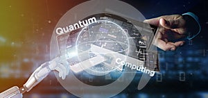 Cyborg hand holding Quantum computing concept with qubit and devices 3d rendering