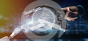 Cyborg hand holding Quantum computing concept with qubit and devices 3d rendering photo