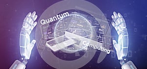 Cyborg hand holding Quantum computing concept with qubit and devices 3d rendering