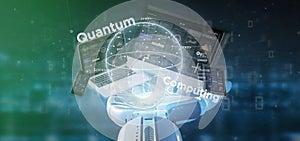 Cyborg hand holding Quantum computing concept with qubit and devices 3d rendering