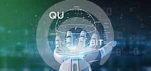 Cyborg hand holding Quantum computing concept with qubit icon 3d rendering photo