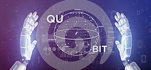 Cyborg hand holding Quantum computing concept with qubit icon 3d rendering