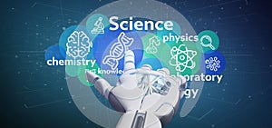 Cyborg hand holding Science icons and title