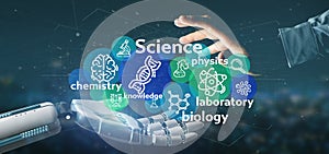 Cyborg hand holding Science icons and title