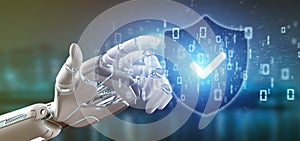 Cyborg hand holding a Shield web security concept 3d rendering