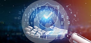 Cyborg hand holding a Shield web security concept 3d rendering