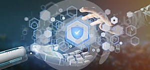 Cyborg hand holding a Shield web security concept 3d rendering