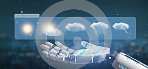 Cyborg hand holding a Weather Forecast widget 3d rendering