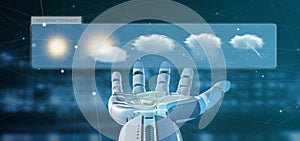 Cyborg hand holding a Weather Forecast widget 3d rendering
