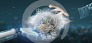 Cyborg hand holding a World globe surronding by ecology icons an photo