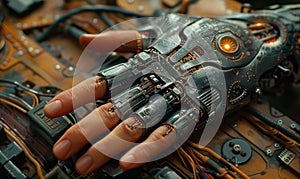 Cyborg hand of metal on mechanical arm with electronic components photo