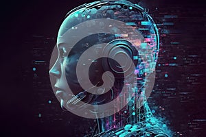 Cyborg head with digital binary code. Artificial intelligence concept. 3D Rendering
