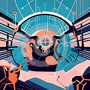 Cyborg head in virtual reality helmet. Futuristic cyborg head. Cyberpunk style. Vector illustration Generative AI