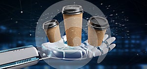 Cyborg holding a Group of cardbox coffee cup with connection 3d