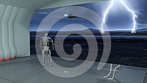 Cyborg, humanoid robot in cargo bay watching a spaceship flying into a storm on deserted planet, mechanical android, 3D render