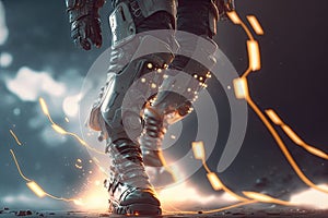 Cyborg legs with glowing lights on dark background