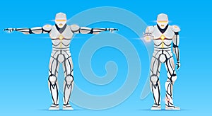 Cyborg is a man with artificial intelligence, AI. Humanoid Robot character shows gestures. Stylish android male