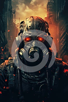 Cyborg or man in gas mask on apocalyptic background, post apocalypse