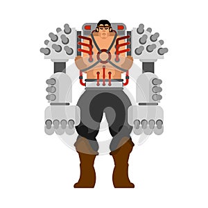 Cyborg man with iron cybernetic hands robot. Humanoid mechanism. mechanical technology robotic skeleton. Iron suit