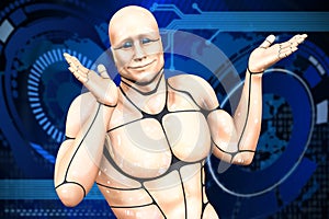 Cyborg man spreads his hands. 3d rendering illustration