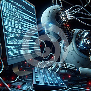 Cyborg man working with laptop on dark background. 3D rendering