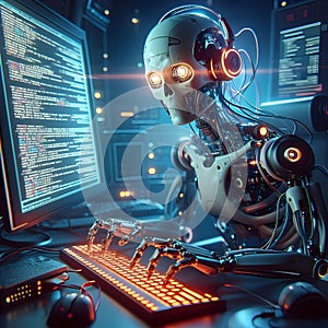 Cyborg man working with laptop on dark background. 3D rendering