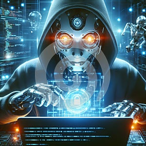 Cyborg man working with laptop on dark background. 3D rendering