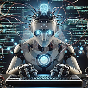 Cyborg man working with laptop on dark background. 3D rendering