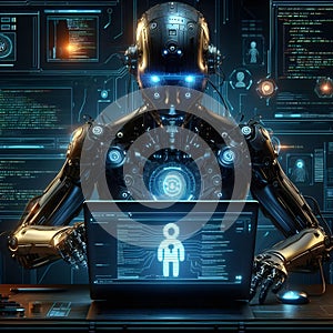 Cyborg man working with laptop on dark background. 3D rendering