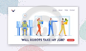 Cyborg Replace People at Job Landing Page Template. Artificial Intelligence Robot Replace Employee Character at Work