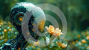 Cyborg robot and flower in the garden. Concept of friendly artificial