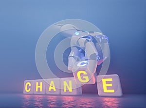 Cyborg robot hand changes text cube from change to chance - ai concept