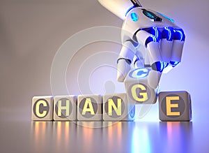 Cyborg robot hand changes text cube from change to chance - ai concept