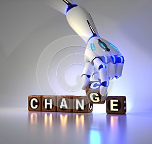 Cyborg robot hand changes text cube from change to chance - ai concept