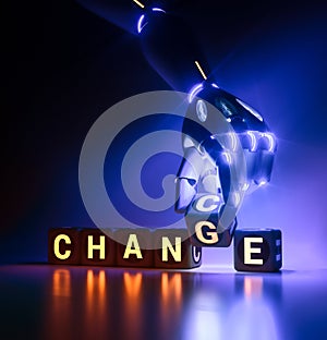 Cyborg robot hand changes text cube from change to chance - ai concept