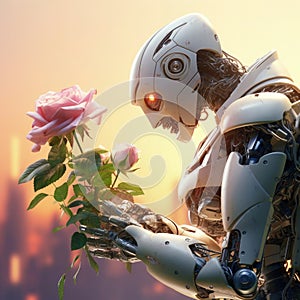 Cyborg robot holding a rose in his hands, apocalypse