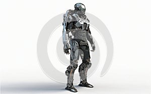 Cyborg, robot and iron warrior on mockup in futuristic war, cyberspace battle or android machine against white studio