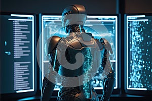Cyborg robot looks at control panel of security system, view from the back. Digital future, monitoring of information on a