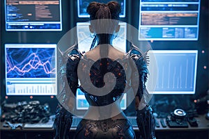 Cyborg robot looks at control panel of security system, view from the back. Digital future, monitoring of information on a