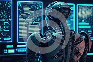 Cyborg robot looks at control panel of security system, view from the back. Digital future, monitoring of information on a