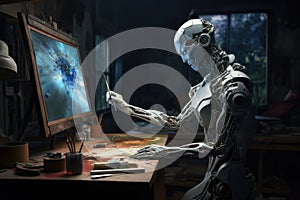 a cyborg robot painter painting on a futuristic monitor screen. Generative AI art concept. artist loosing his job over AI.