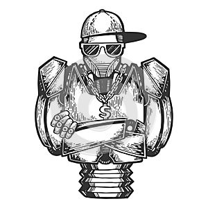 Cyborg robot rapper sketch engraving vector