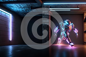 a cyborg robot tunnel character glow artificial intelligence spacecraft sci-fi spaceship cg android network neon intelligence race