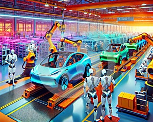 Cyborg Robotic Automation Automobile Manufacturing Factory Humanoid Workers Assembly Production AI Generated photo