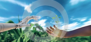 cyborg try to touch human hand with smart agriculture background, new normal futuristic farm industry 4.0 technology using automat